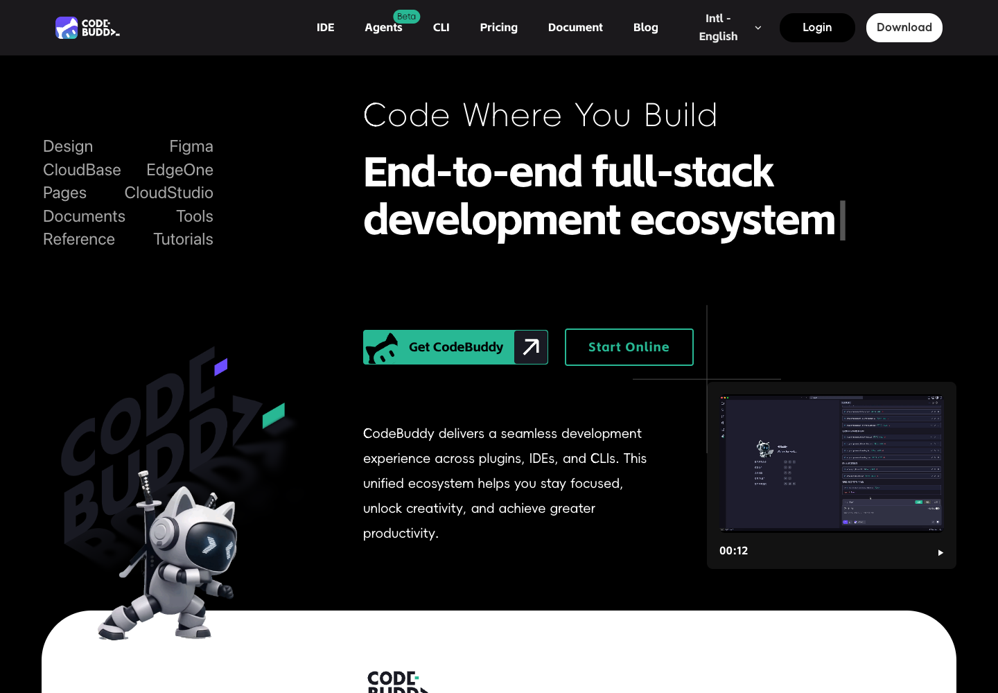 Official CodeBuddy website showing the end-to-end full-stack development ecosystem