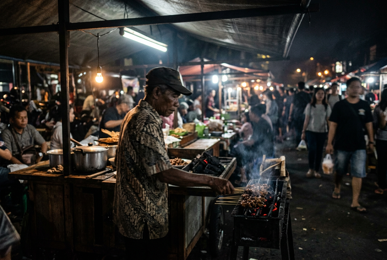 Original low-light Indonesian night-market scene